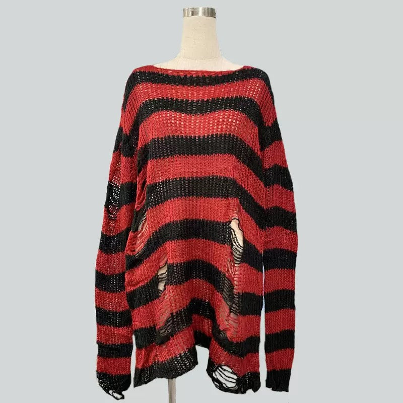 Red and black oversized striped distressed ripped sweater