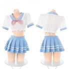 Pastel blue cute school girl lingerie set with white top and blue skirt on mannequin, front and back views.