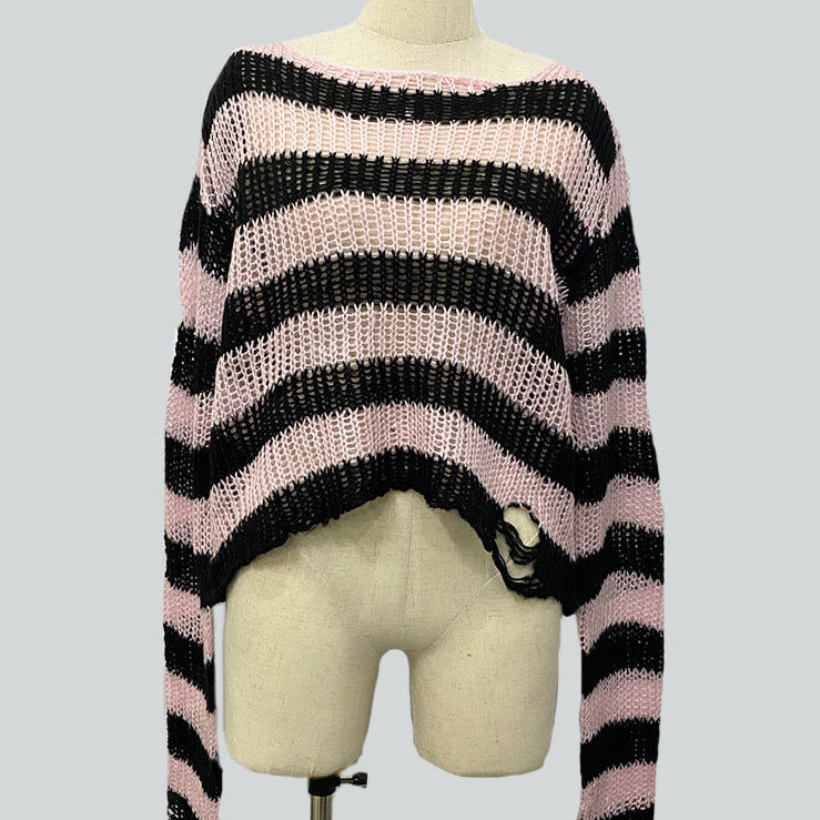 Pink and black striped distressed crop sweater