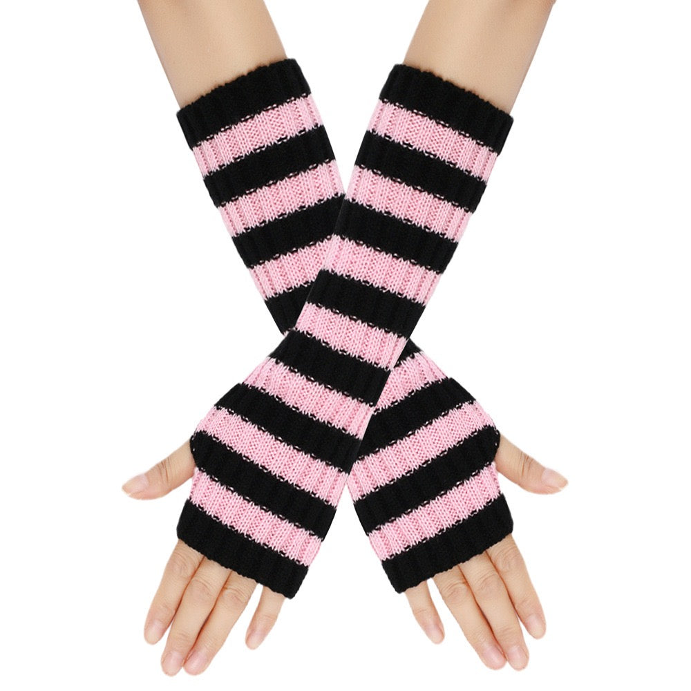 Black and pink striped arm warmers on a white background