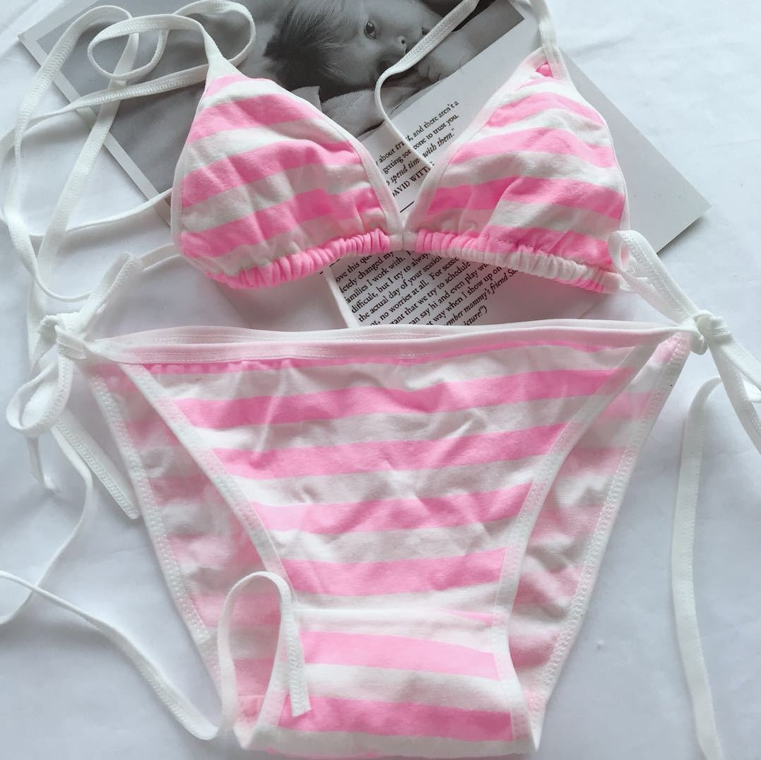 Pink and white stripe string panty and bra