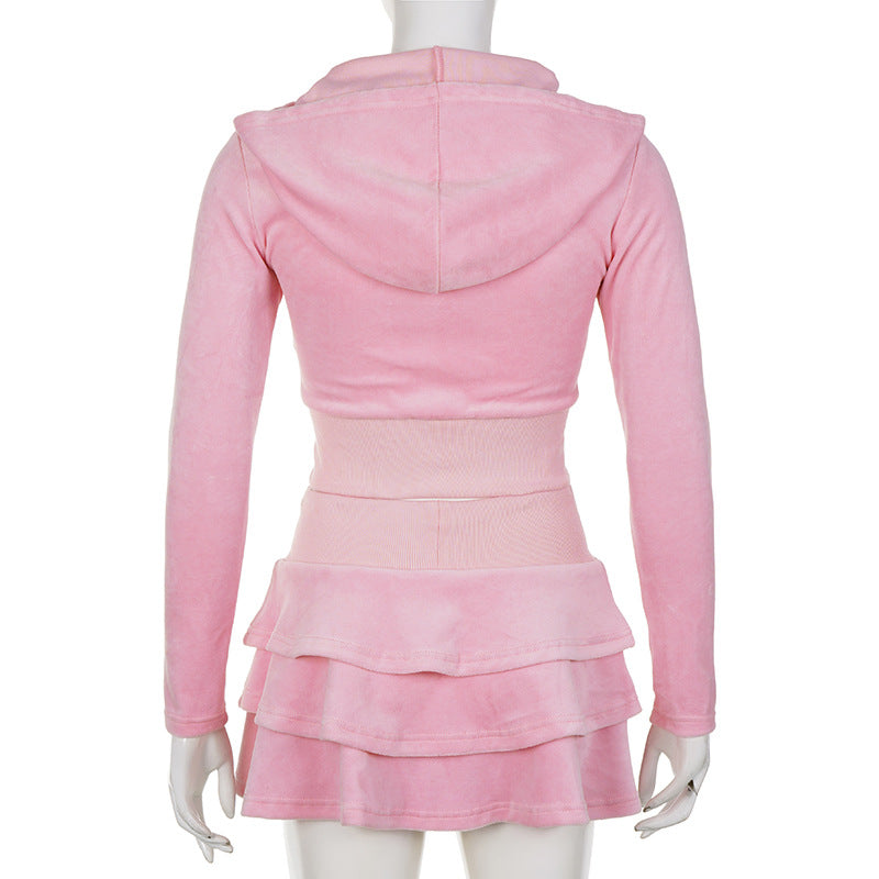 Pink Crop Top Hoodie & Skirt Two Piece Set - Femboy Fashion