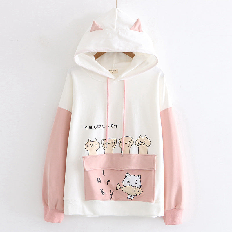 Cute Cat Eat Fish Hoodie - Femboy Fashion