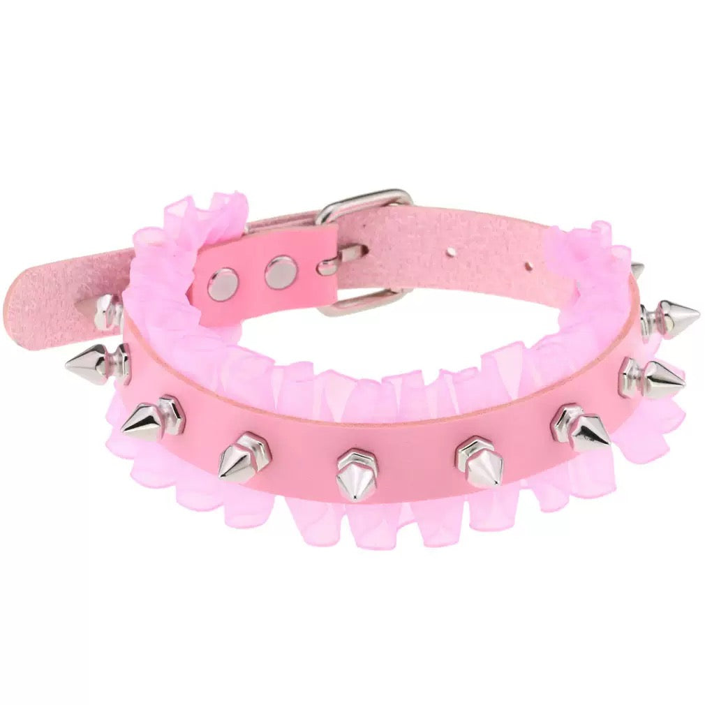Pink gothic leather and lace choker