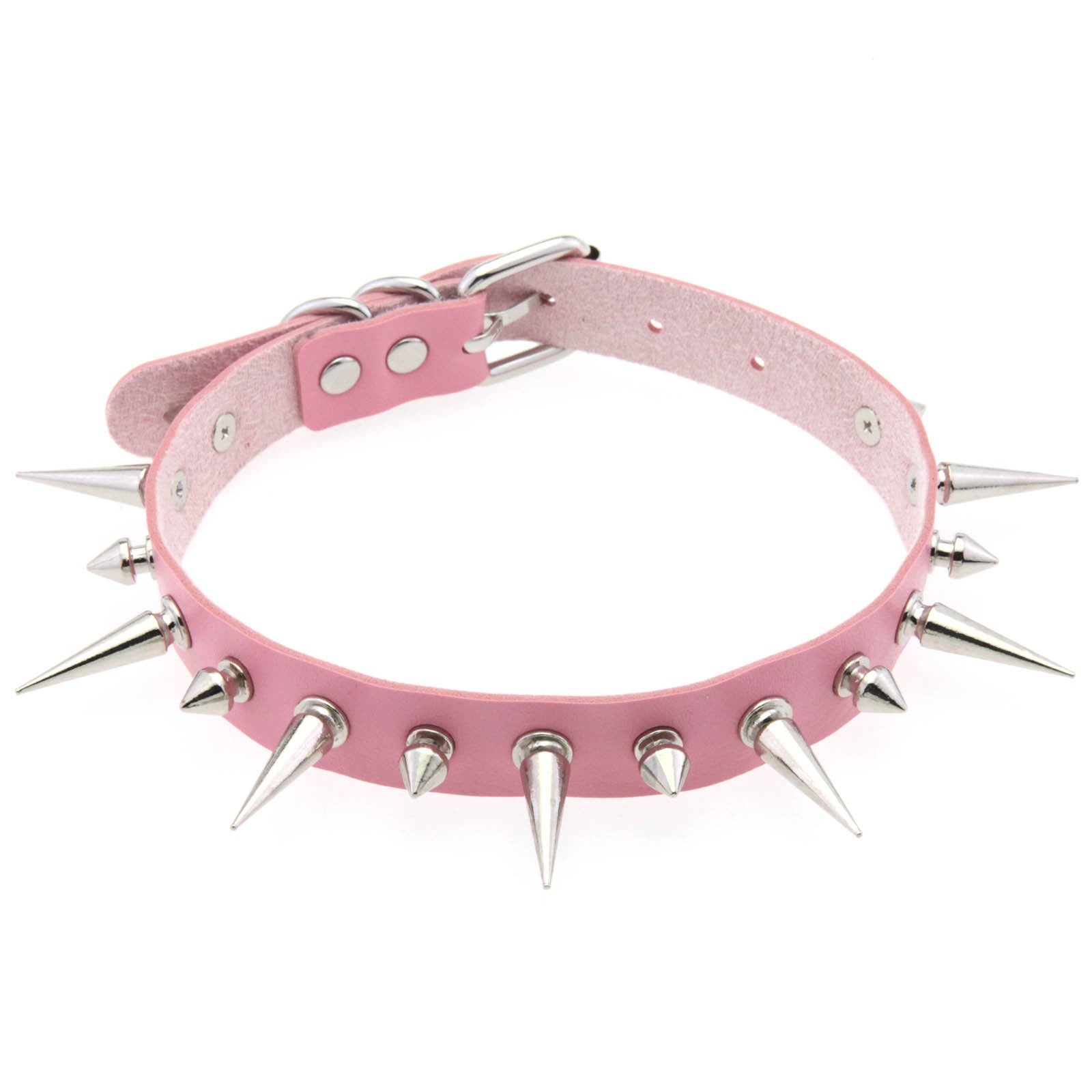 Pink leather choker with silver spikes on a white background