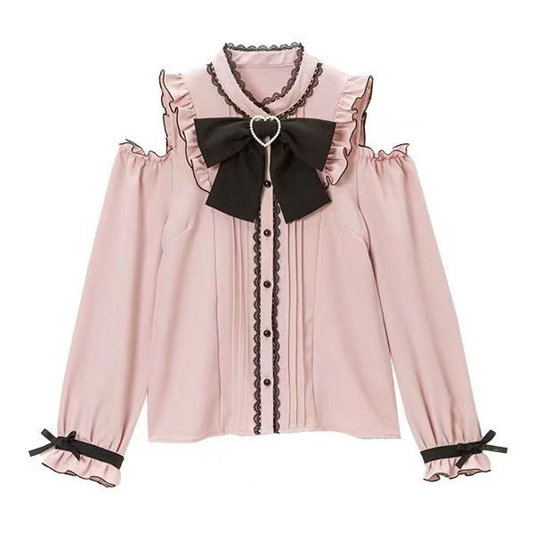 Pink Jirai Kei Long Sleeved Blouse With Bow Tie