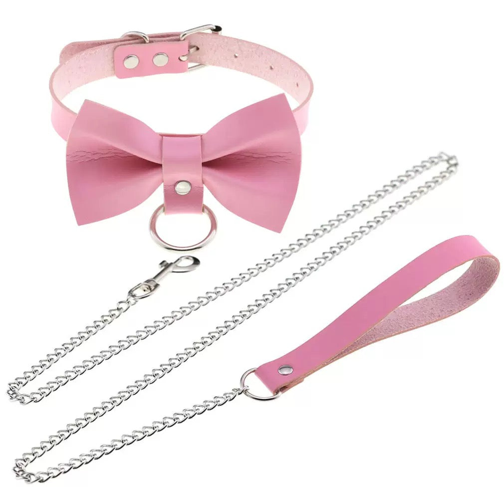 Pink leather choker with big bow with chain set