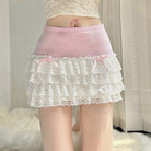 Pink multi layer white lace short skirt