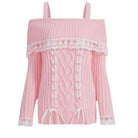 Pink sweater with lace details on a white background