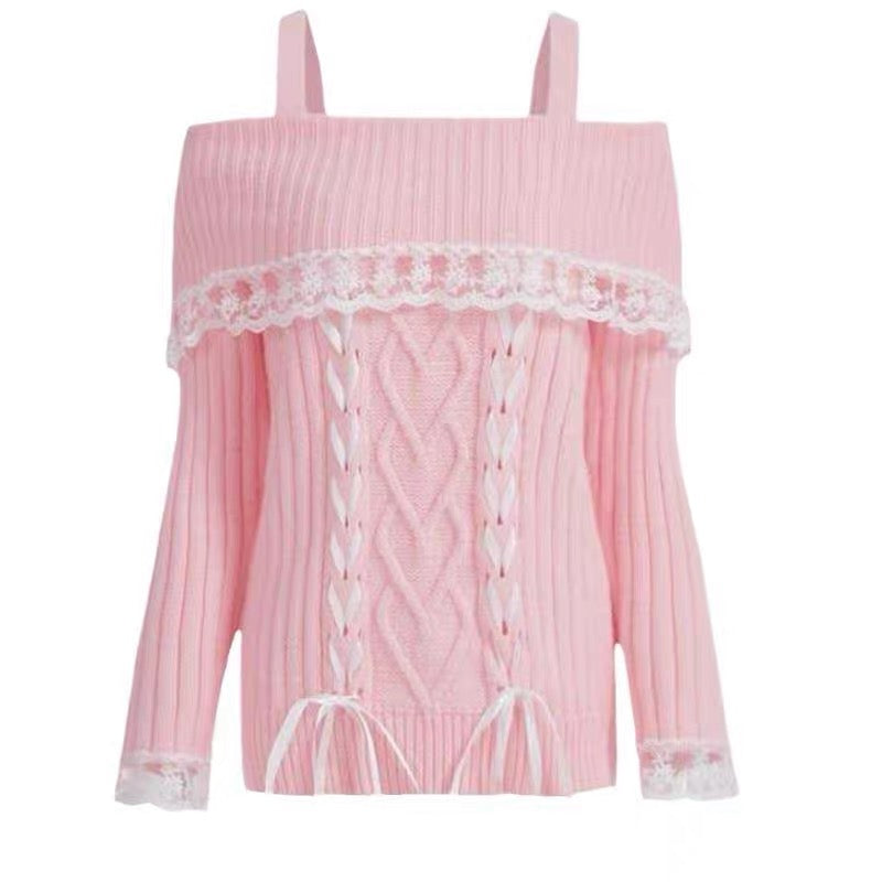 Pink sweater with lace details on a white background