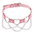 Pink leather collar with silver chain on a white background
