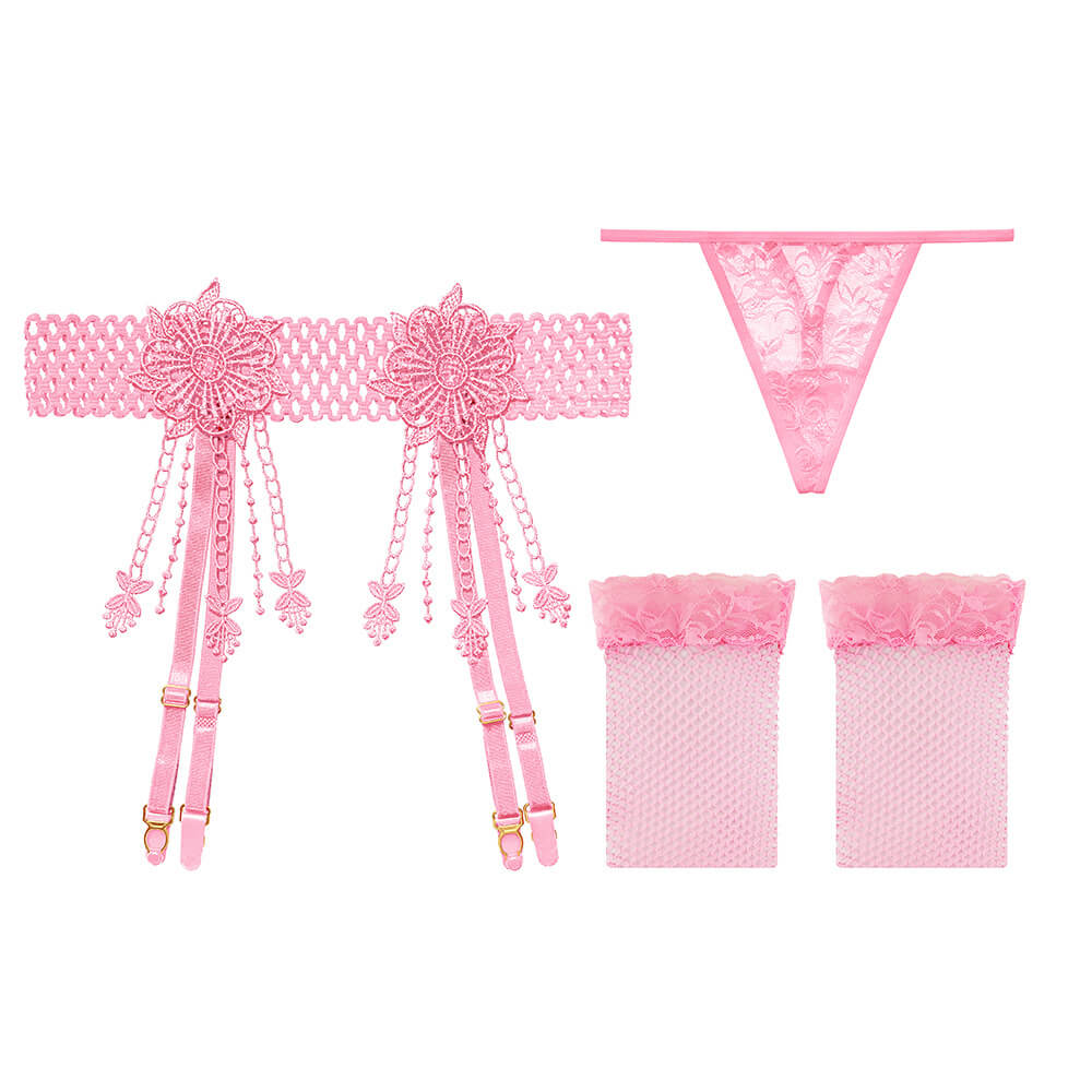 Pink sexy 4 strap garter belt and tights femboy fashion