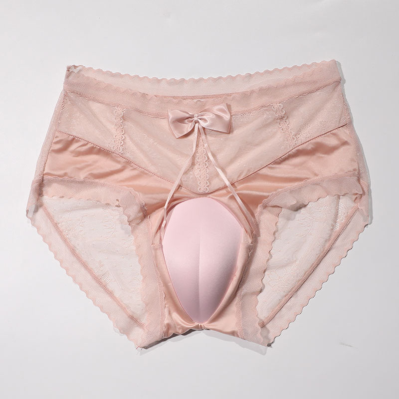 Pink sexy high waisted camel toe panties with bow