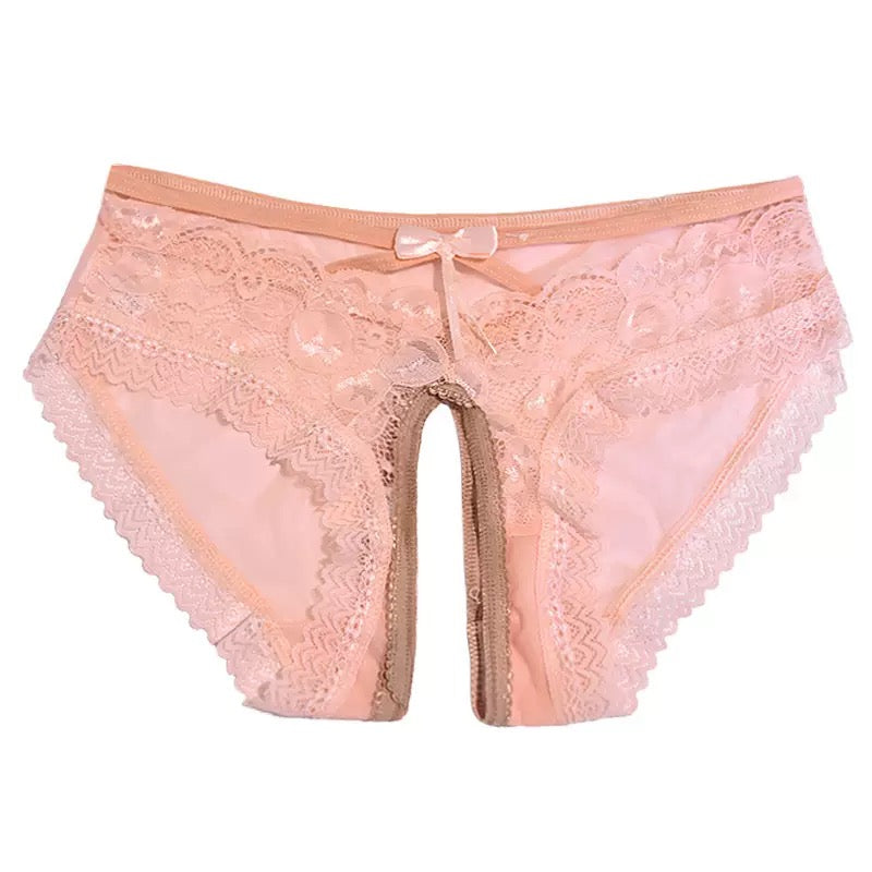 Pink sexy lace cutout crotchless panties