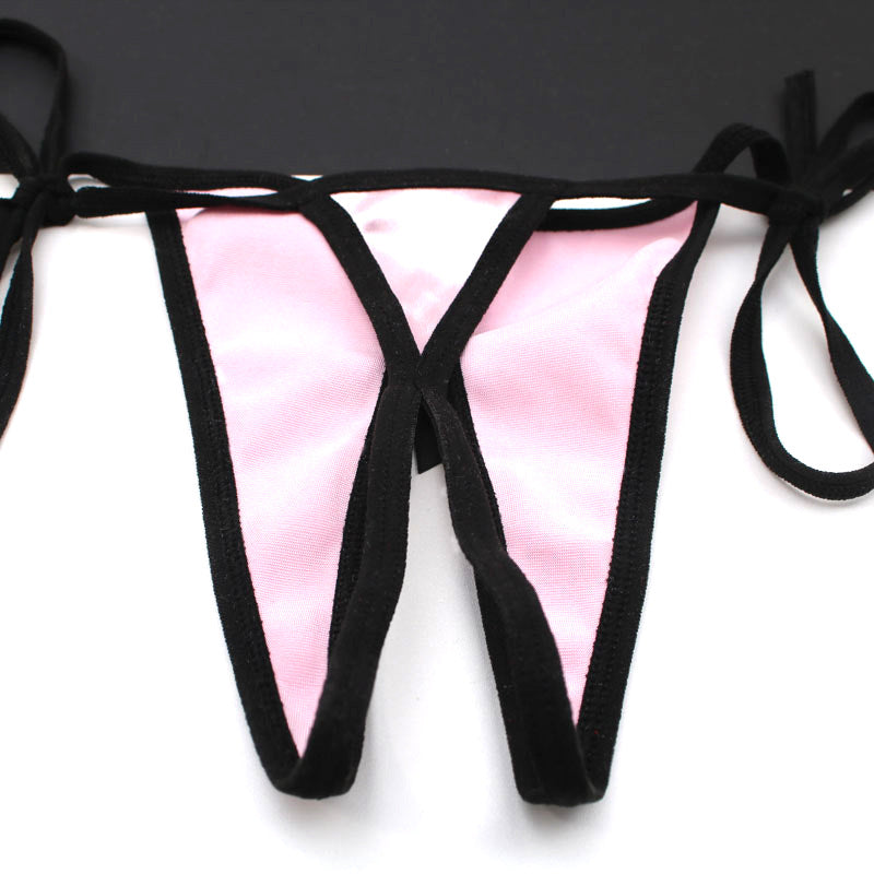 Pink Tie Side Satin Crotchless Thong Back - Femboy Fashion