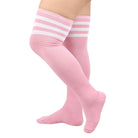 Plus size pink over-the-knee socks with three white horizontal stripes at the top, shown on a model's legs against a plain white background.