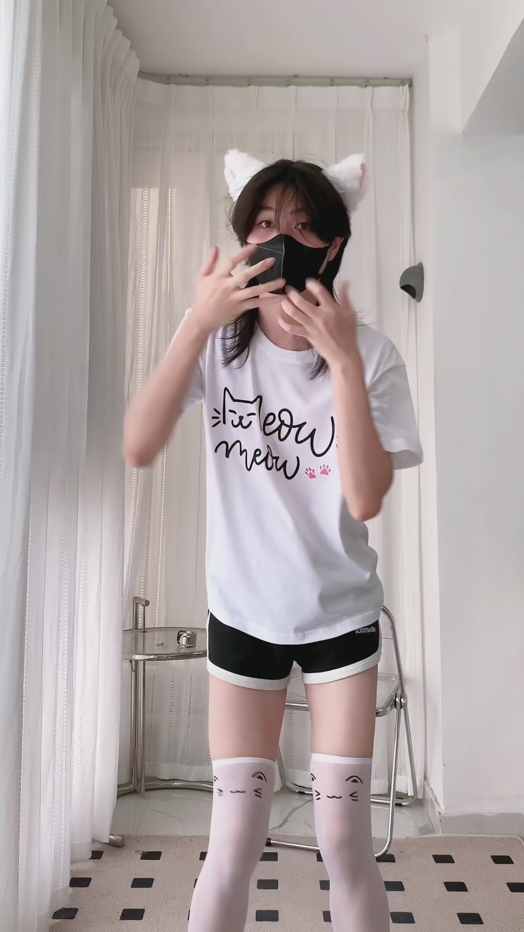 Femboy wear a white cat t shirt