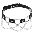 Black leather choker with silver chain and heart designs on a white background