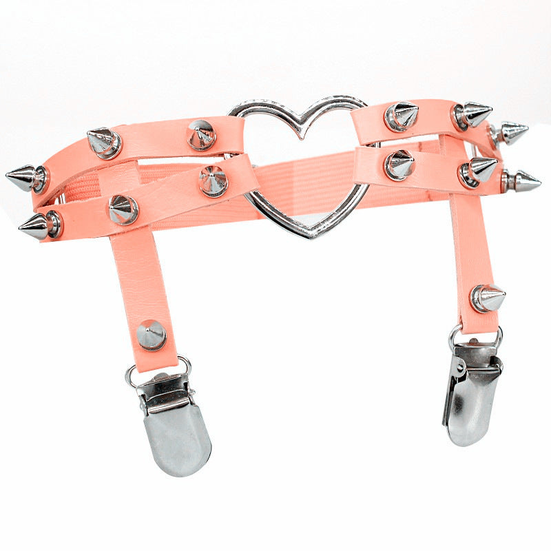 Orange Punk Leather Thigh Garter With Heart - Femboy Fashion