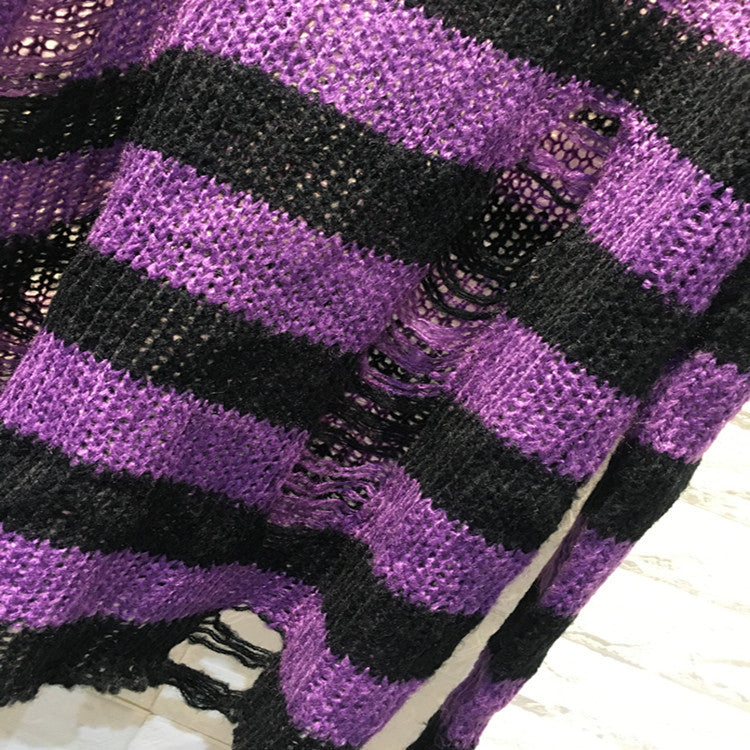 Purple and black striped distressed crop sweater detail