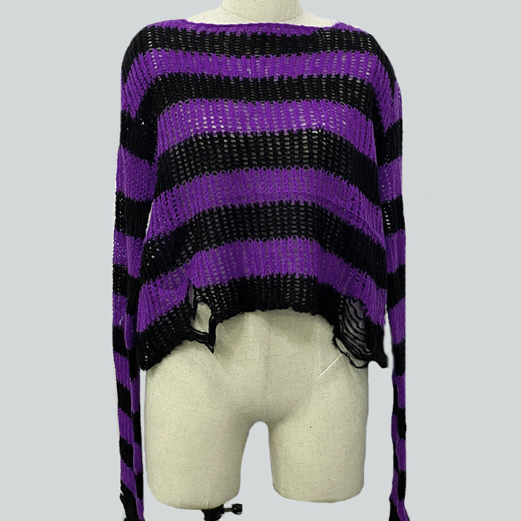 Black and purple striped distressed crop sweater