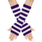 Purple and white striped arm warmers on a person's hands against a white background