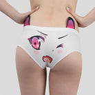 White underwear with cartoon face design on a plain background
