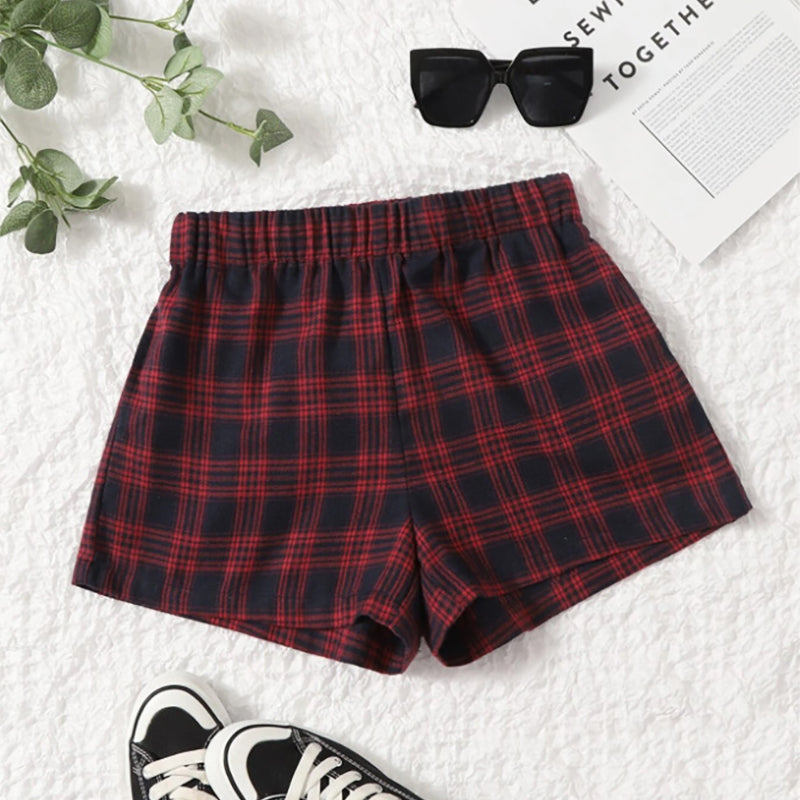 Elastic Waist Plaid Shorts Red - Femboy Fashion