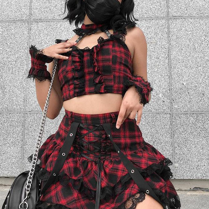 Sexy Femboy in Red And Black Plaid Skirt Set - Femboy Fashion