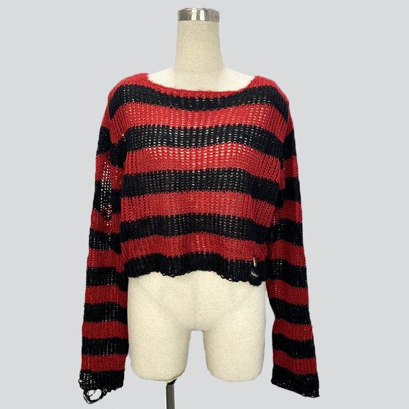 Black and red striped distressed crop sweater