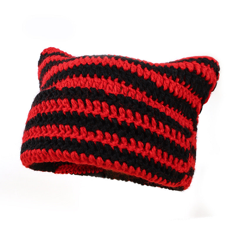 Red and black striped femboy cat hat