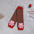 Red And Green Striped 3d Cat Paw Fingerless Gloves - Femboy Fashion