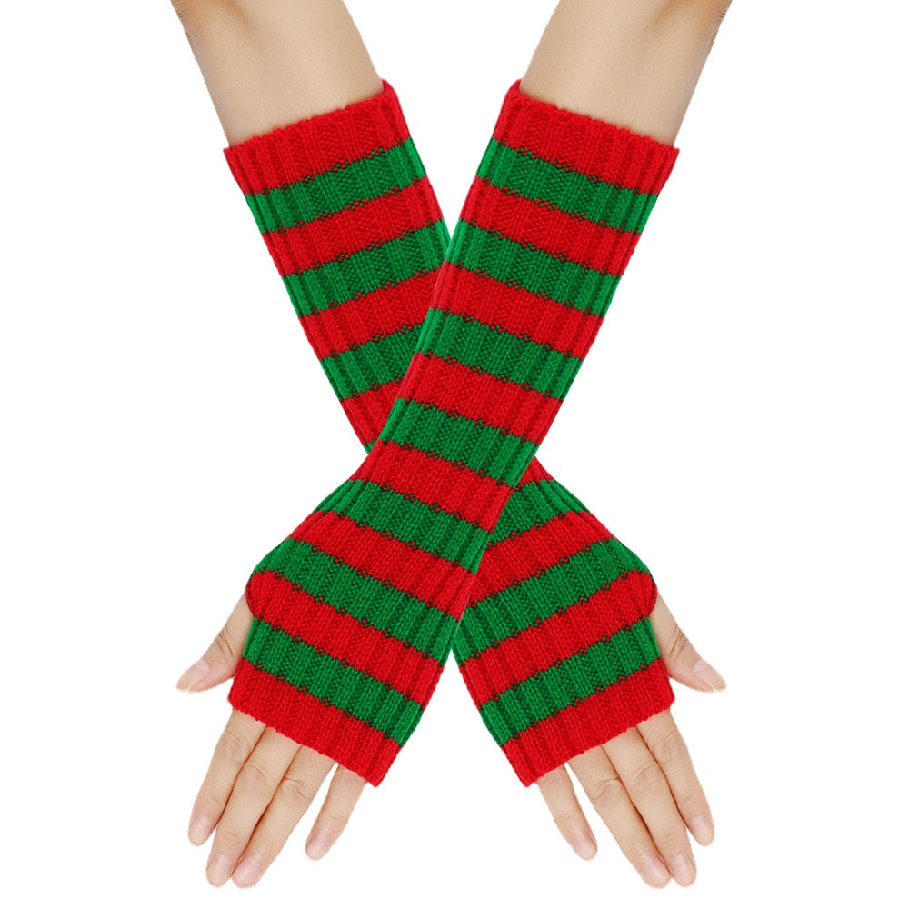 Red and green striped fingerless gloves on a white background