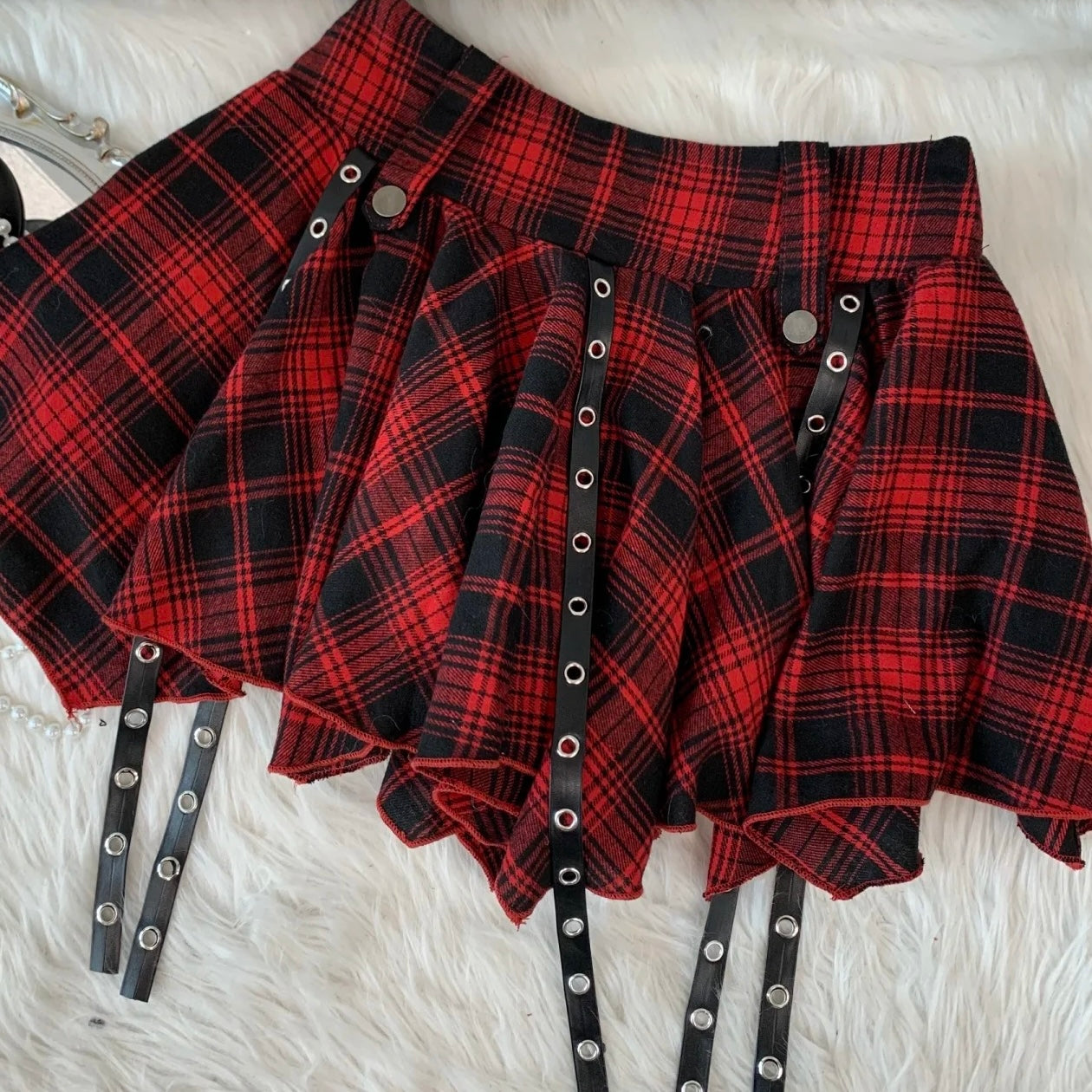 Red And Grey Plaid Pleated Skirt - Femboy Fashion