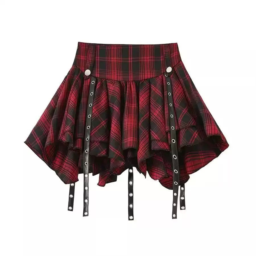 Red And Grey Plaid Pleated Skirt - Femboy Fashion