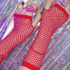 Red Fishnet Gloves With Rhinestones - Femboy Fashion