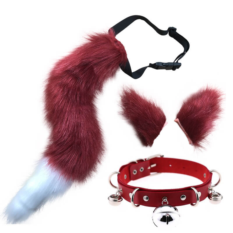 Red Fox Ears Clips And Tail With Collar Set - Femboy Fashion