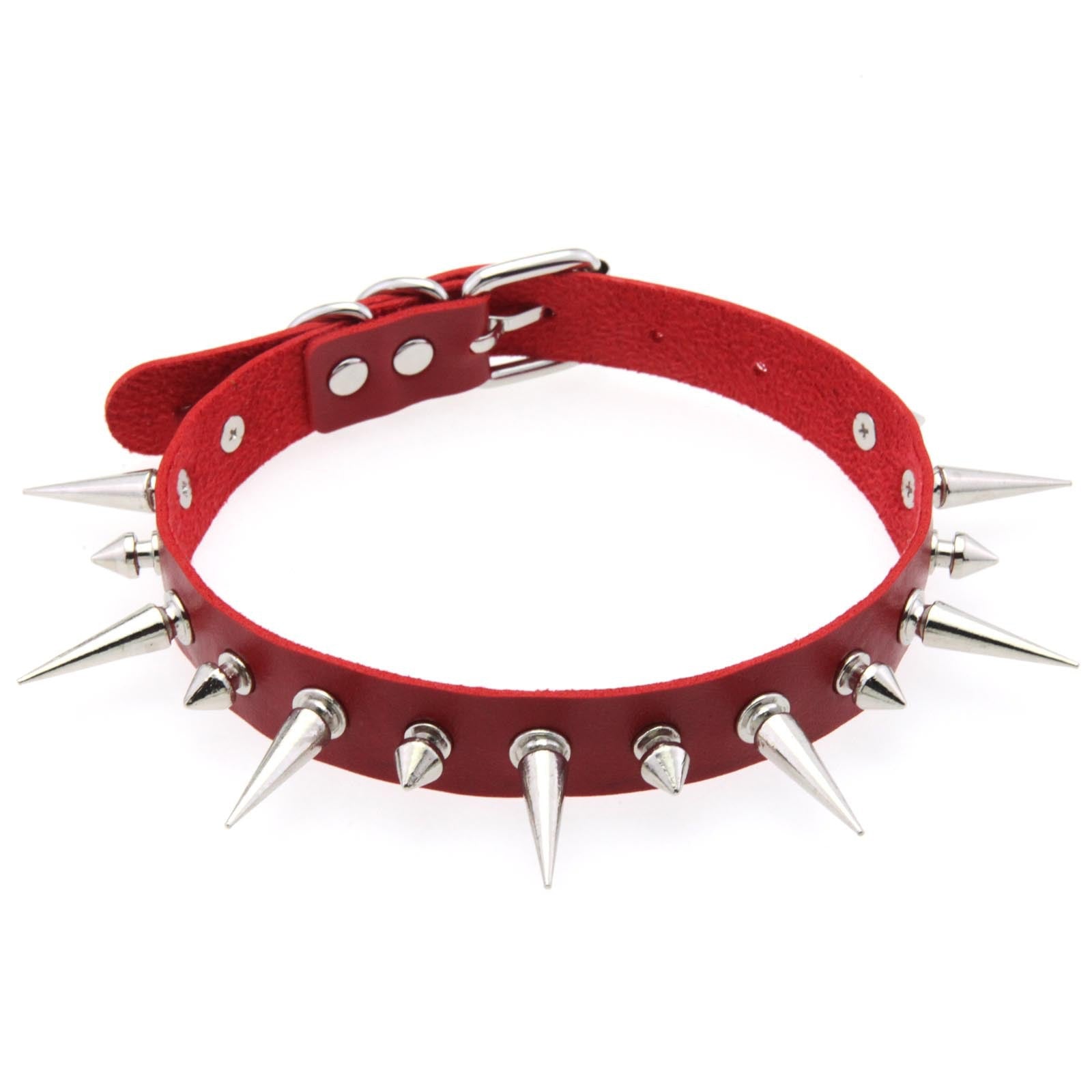 Red leather choker with silver spikes on a white background