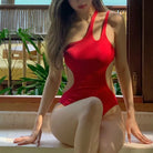 Red One Shoulder One Piece Swimsuit for Femboy - Femboy Fashion