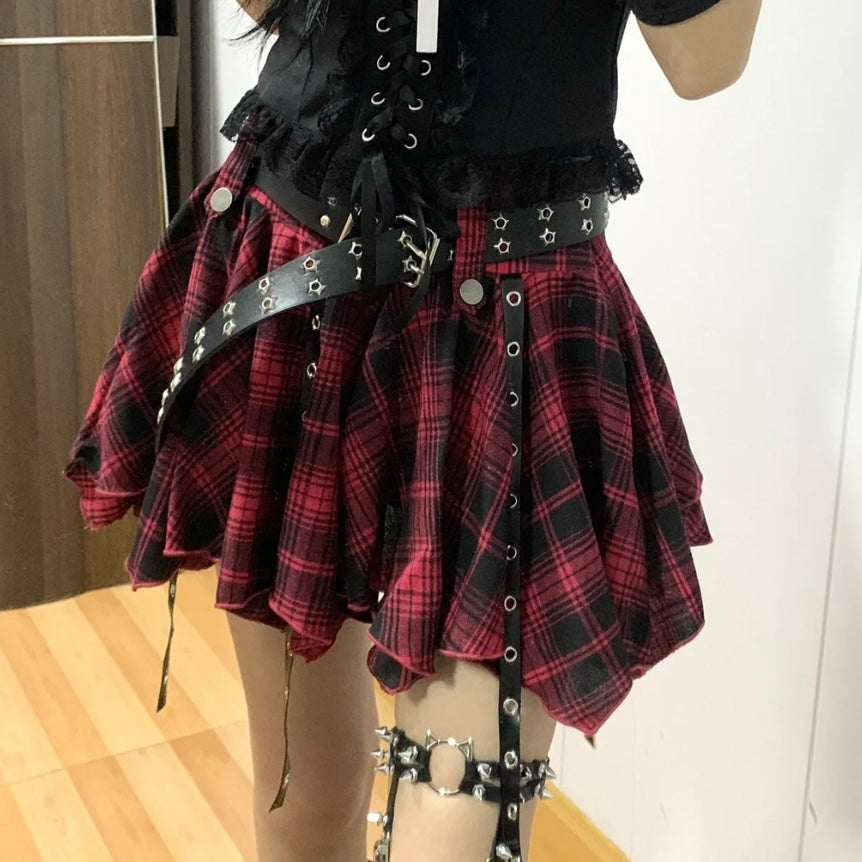 Red And Grey Plaid Pleated Skirt - Femboy Fashion