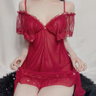 Red V-Neck Lace Chemises Lingerie - Femboy Fashion