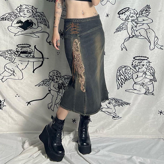Acid Wash Midi Denim Skirt - Femboy Fashion