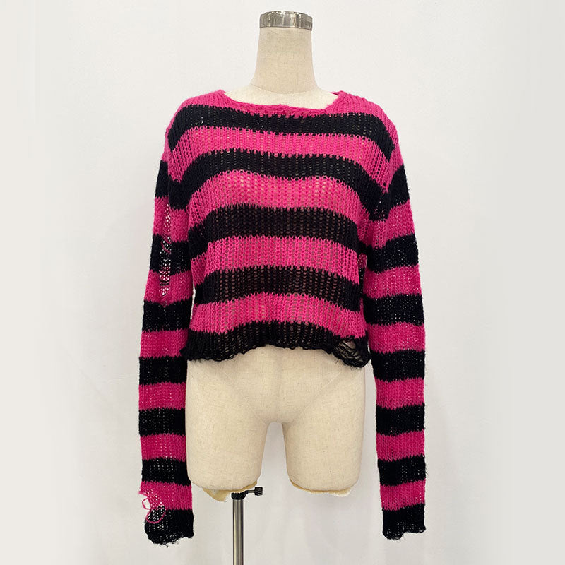 Rose and black striped distressed crop sweater