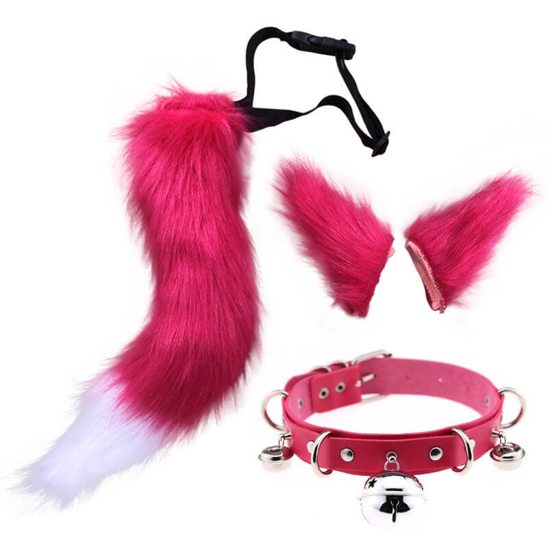 Rose Fox Ears Clips And Tail With Collar Set - Femboy Fashion