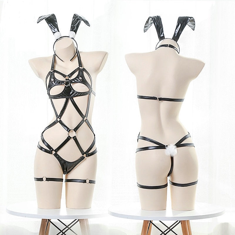 Sexy bunny full body black leather harness front and back