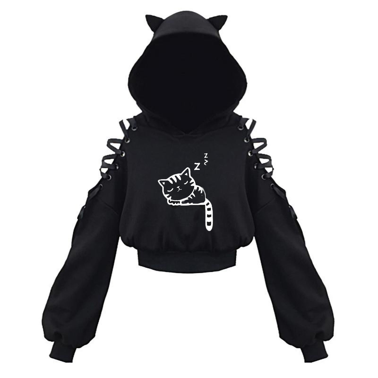 Black Cat Crop Hoodie With Ears - Femboy Fashion