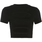 Black crop top with short sleeves on a white background