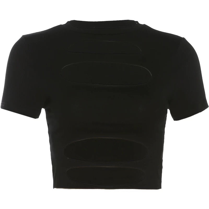 Black crop top with short sleeves on a white background