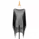 A black open-knit fringed poncho top displayed on a white dress form mannequin against a plain white background.
