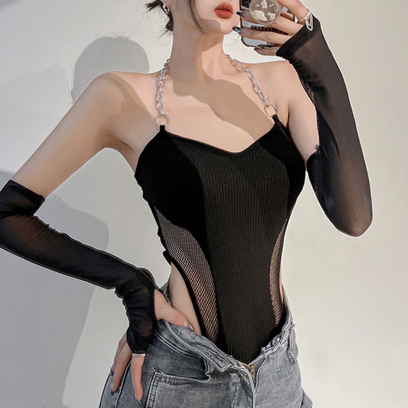 Black Halterneck Bodysuit With Chain Straps for Femboy - Femboy Fashion